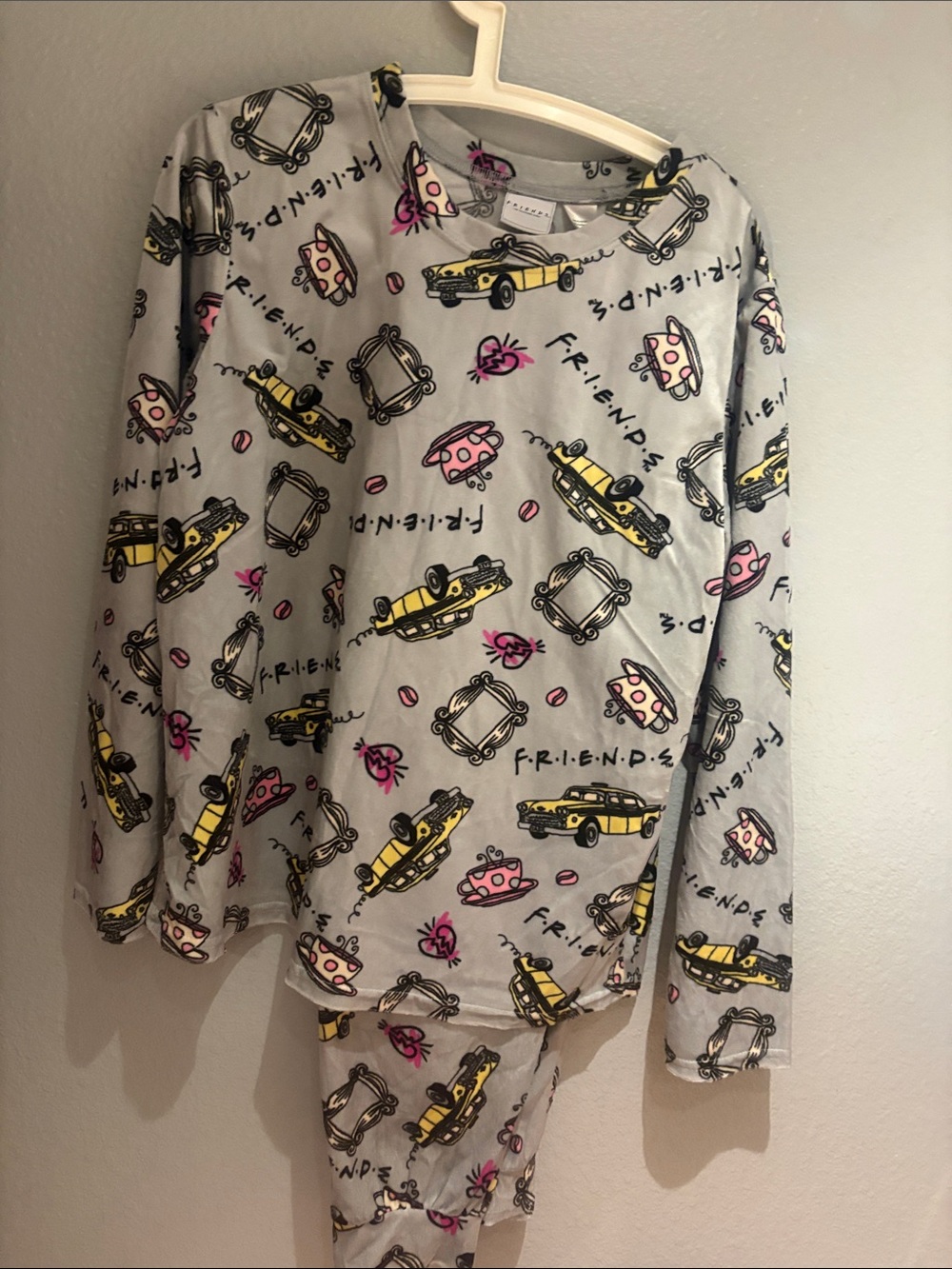 Women’s "Friends" Pajama Set - Gray with Yellow & Pink Motifs